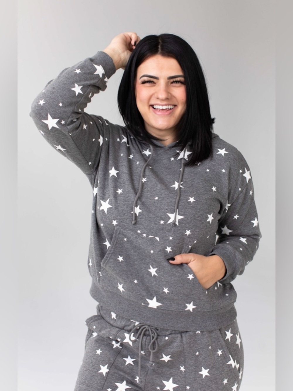 Savvi Shine Hoodie Star Print Gray Pullover | Plush Lined | Size L | EUC - Picture 3 of 13